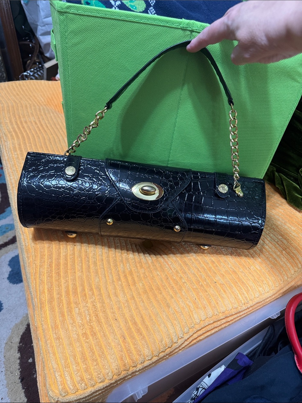 Black Croc-Embossed Cylinder Handbag with Gold Hardware